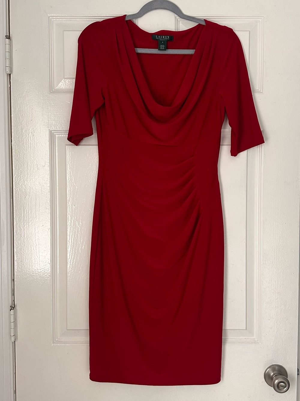 Lauren Ralph Lauren Red Cowl Neck Ruched Sheath Dress Size 8